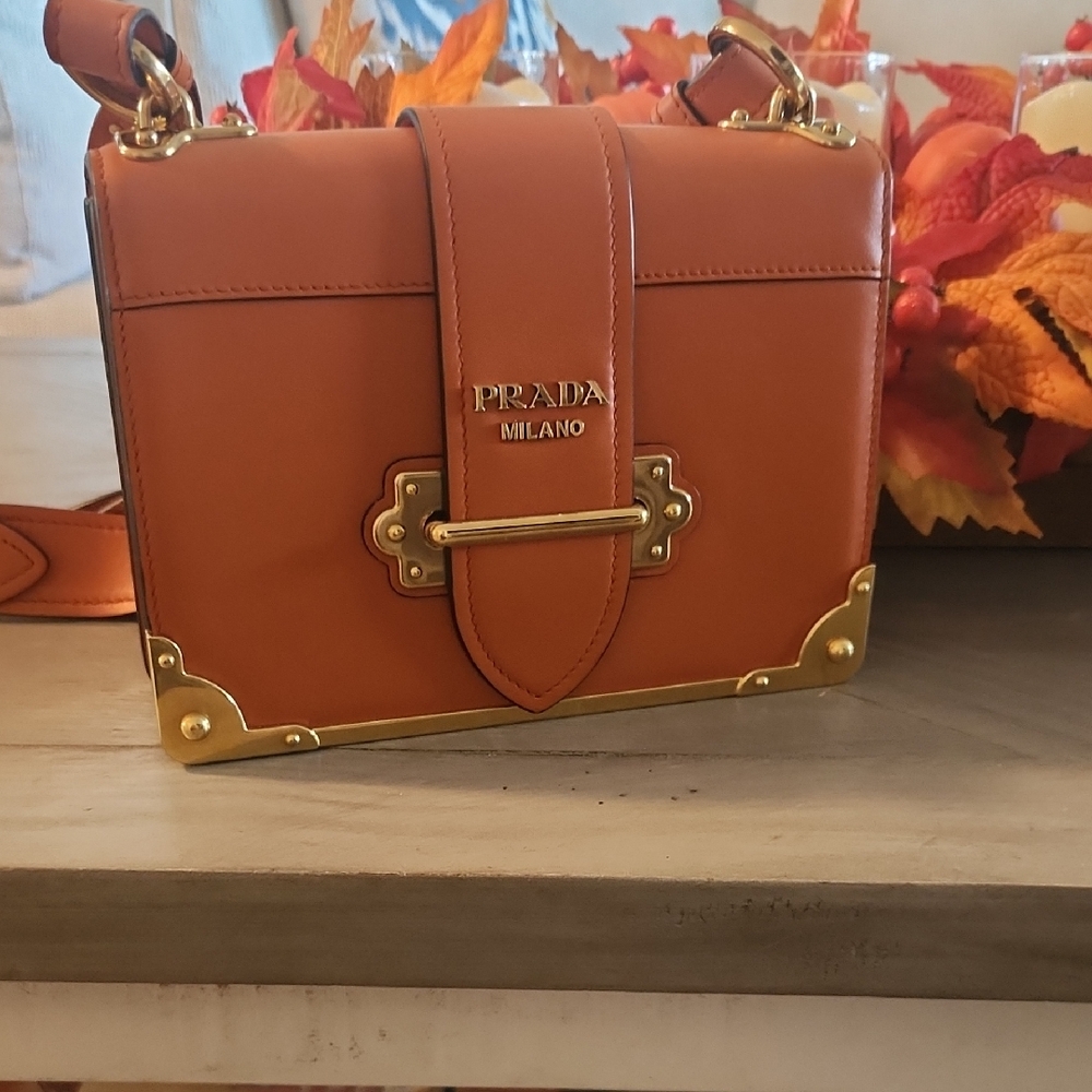 Authentic - Prada Papaya  City Calf Saffiano Cahier Bag